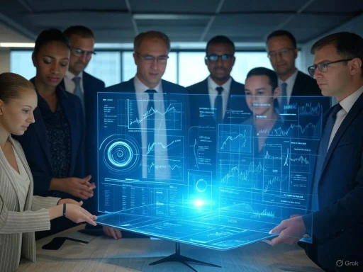 Business professionals analyze data and charts displayed on a holographic digital screen in a modern office.