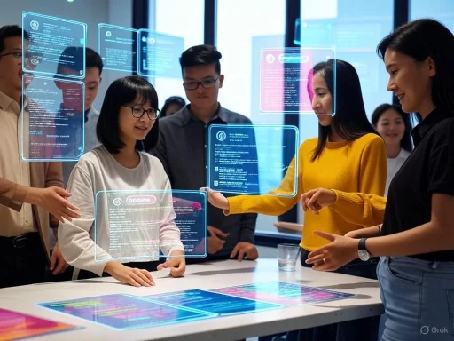 A diverse group of people is engaged with futuristic transparent digital interfaces in a modern tech environment.