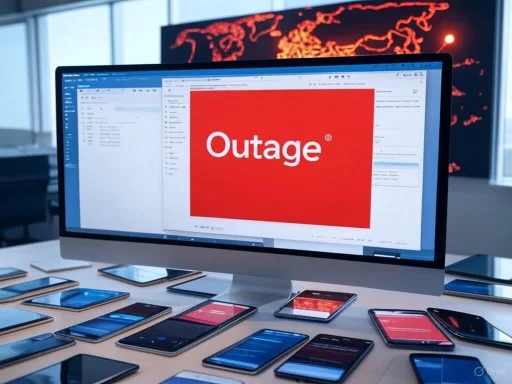 Multiple smartphones displayed on a desk showing outage alerts, with a computer monitor also displaying an outage message.