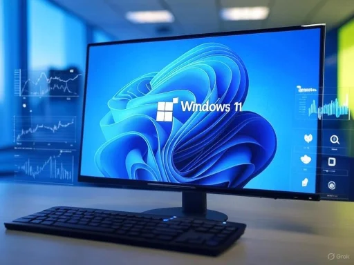 A computer monitor displays the Windows 11 logo in a modern workspace with data graphs in the background. A computer monitor displays the Windows 11 logo in a modern workspace with data graphs in the background.