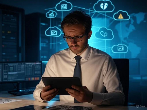 A man in business attire looks confused while using a tablet in a high-tech, data-driven office with cloud computing icons. A man in business attire looks confused while using a tablet in a high-tech, data-driven office with cloud computing icons.