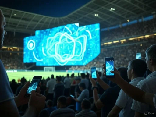Fans capture a digital light show on their phones at a stadium during a sporting event.