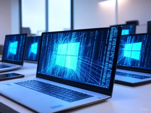 Multiple laptops display the Windows logo with digital binary graphics in a modern office setting.