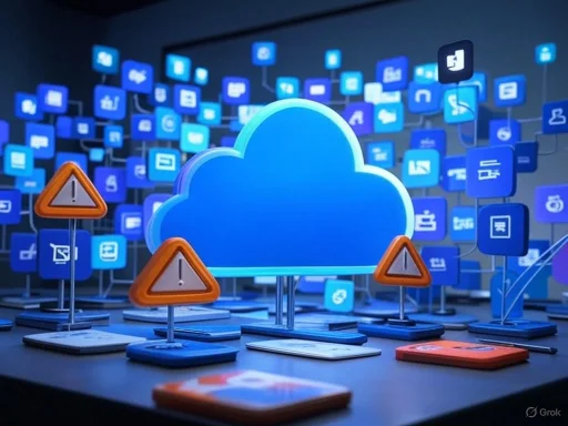 Cloud storage icons with warning signs indicating potential security or service issues.