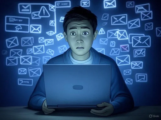 A young man looks worried at his laptop with email icons and error alerts floating around him.