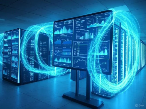 Data servers connected by glowing digital streams in a futuristic data center.