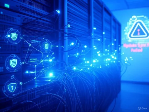 Data cables connect servers in a data center, with digital security icons and a warning alert projected on the wall.