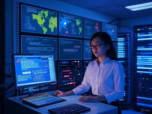 A woman works at a computer in a high-tech control room filled with multiple monitors displaying global security data.