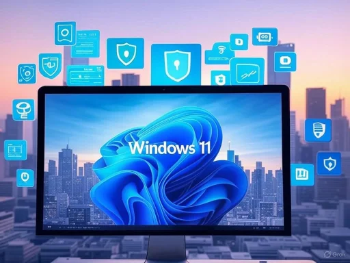A computer monitor displaying Windows 11 with various security and device icons floating around against a city skyline backdrop. A computer monitor displaying Windows 11 with various security and device icons floating around against a city skyline backdrop.