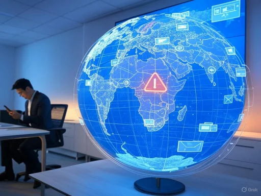 A digital globe with an alert symbol, showing global network icons, in a modern office with a man using a phone in the background.