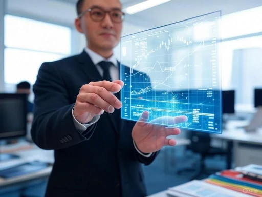 A businessman in a suit interacts with a futuristic transparent digital display of stock market data in an office.