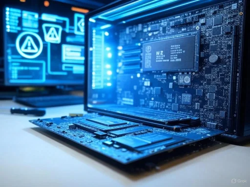A computer motherboard with a displayed circuit board, illuminated by blue security alert screens in the background.