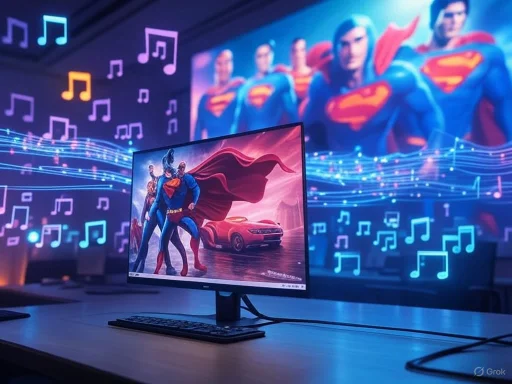 A computer monitor displays Superman and Lois Lane with a red sports car, against a vibrant backdrop of musical notes and a mural of Superman.