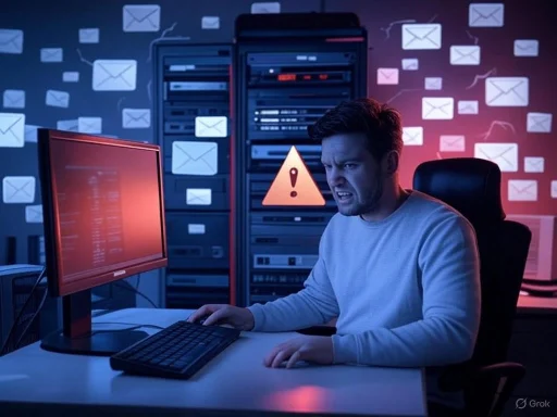 A man experiences frustration at his computer in a server room after a cybersecurity alert.