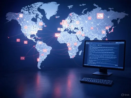 A digital global network map with interconnected icons, alongside a computer displaying code, representing worldwide digital communication. A digital global network map with interconnected icons, alongside a computer displaying code, representing worldwide digital communication.