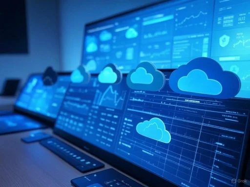 Multiple monitors display cloud data analytics and graphs, emphasizing cloud computing and data management.