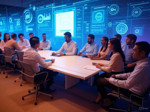 A diverse team participates in a high-tech business meeting with global data visualizations on a large digital wall. A diverse team participates in a high-tech business meeting with global data visualizations on a large digital wall.