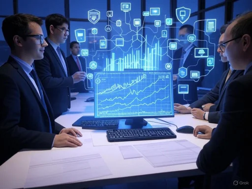 Business professionals analyze data with holographic charts and digital icons in a futuristic conference room. Business professionals analyze data with holographic charts and digital icons in a futuristic conference room.