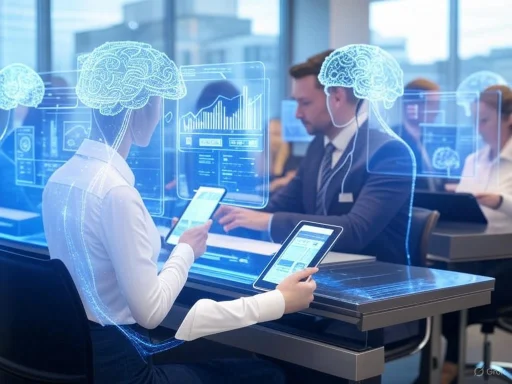 Business professionals using digital devices with holographic brain and data visualizations in a modern office.