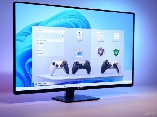 The monitor displays three different gaming controllers and icons related to security and customization. The monitor displays three different gaming controllers and icons related to security and customization.
