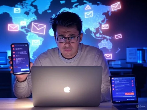 A person shows concern while working on a laptop with email notifications and messages on a smartphone and tablet, against a world map background. A person shows concern while working on a laptop with email notifications and messages on a smartphone and tablet, against a world map background.