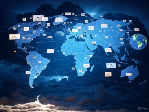 A digital world map highlighting global email communication and connectivity.
