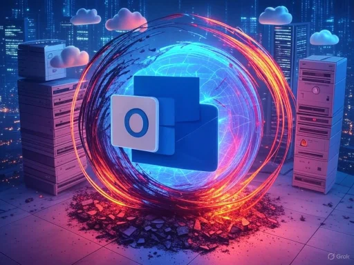 A digital cityscape with cloud and data server icons, featuring an exploding Outlook logo surrounded by vibrant, energetic light trails.