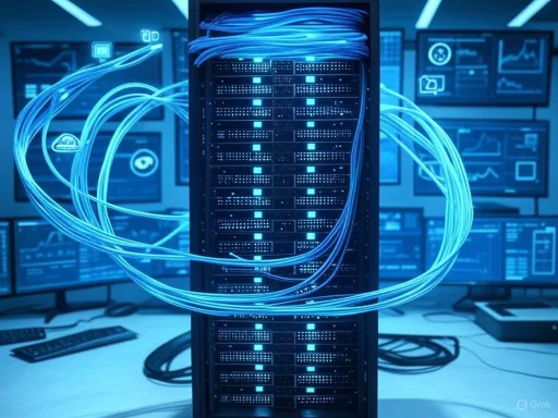 A server rack surrounded by glowing blue data streams and multiple monitors displaying analytics and graphs. A server rack surrounded by glowing blue data streams and multiple monitors displaying analytics and graphs.