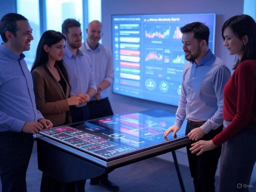 Team of professionals analyzes data on an interactive table in a high-tech conference room.