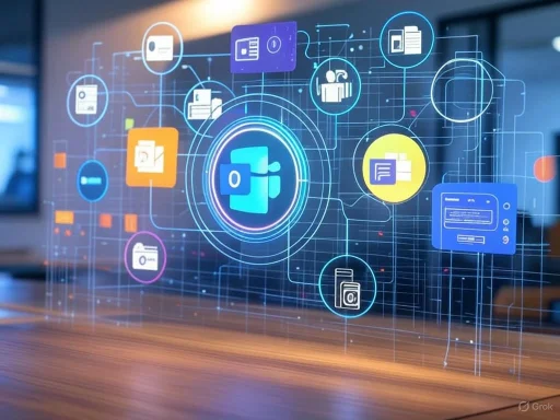 A digital interface showing interconnected Microsoft Office app icons and data symbols on a futuristic touchscreen. A digital interface showing interconnected Microsoft Office app icons and data symbols on a futuristic touchscreen.
