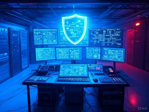 A high-tech cybersecurity command center with multiple monitors displaying digital schematics and a shield symbol.