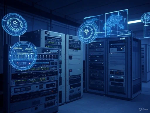 Futuristic digital data center with holographic interfaces and server racks.