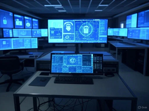 A cybersecurity control room filled with multiple monitors displaying digital security graphics and data.