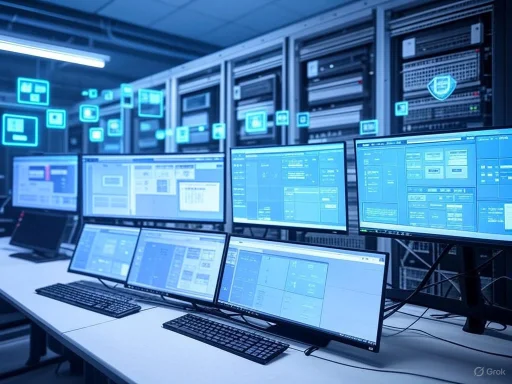 A row of monitors displays data in a high-tech control room with server racks and digital security icons in the background. A row of monitors displays data in a high-tech control room with server racks and digital security icons in the background.