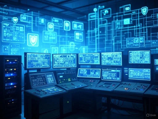 A high-tech cybersecurity control room with multiple screens displaying digital security data and graphics.