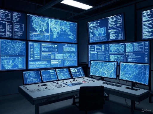 A control room with multiple screens displaying maps, data, and real-time traffic or navigation information.