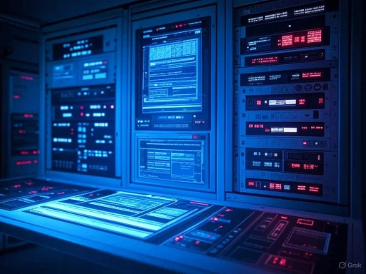 A futuristic control room with multiple holographic screens displaying data and digital interfaces in blue and red hues.