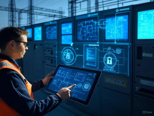 An operator monitors cybersecurity controls on a tablet in front of secure server racks with digital blueprint overlays.