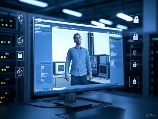 A person on a computer screen in a data center, overlayed with security and lock icons, indicating cybersecurity or data protection.