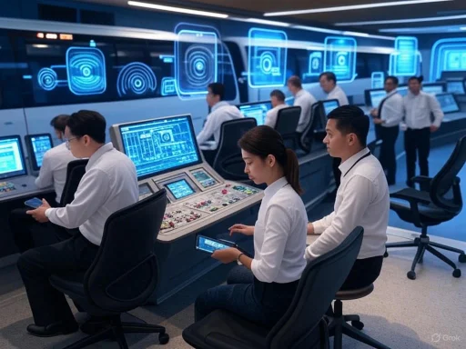 Teams of professionals monitor advanced digital interfaces in a high-tech control room.