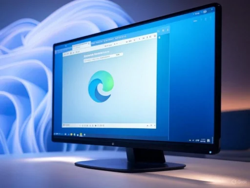 A computer monitor displays a web browser window with the Microsoft Edge logo, set against a blue themed background.