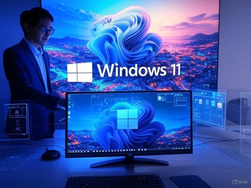A person standing next to a large screen displaying Windows 11, with a monitor and digital screens showcasing the operating system.
