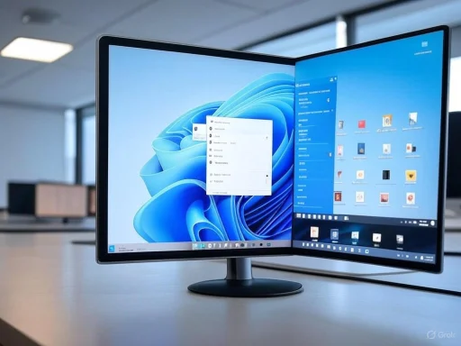 A dual-screen monitor setup displaying Windows 11 on a desk in a modern office environment. A dual-screen monitor setup displaying Windows 11 on a desk in a modern office environment.