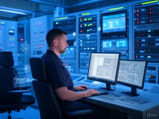A technician monitors multiple screens with technical schematics in a high-tech data center. A technician monitors multiple screens with technical schematics in a high-tech data center.