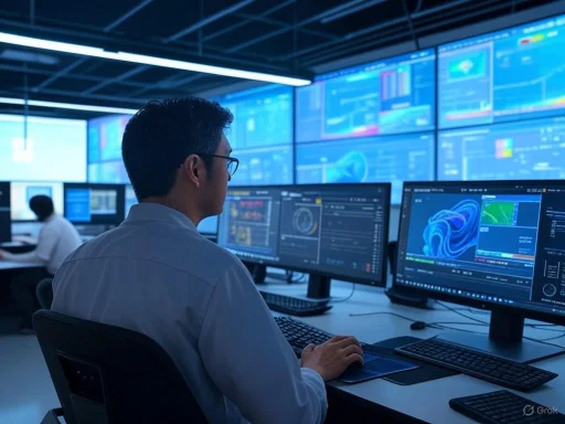 A man works at multiple computer monitors displaying data and analytics in a high-tech control room. A man works at multiple computer monitors displaying data and analytics in a high-tech control room.