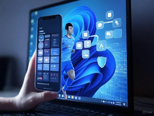 A person holds a smartphone in front of a computer screen displaying a digital sports and technology-themed interface.