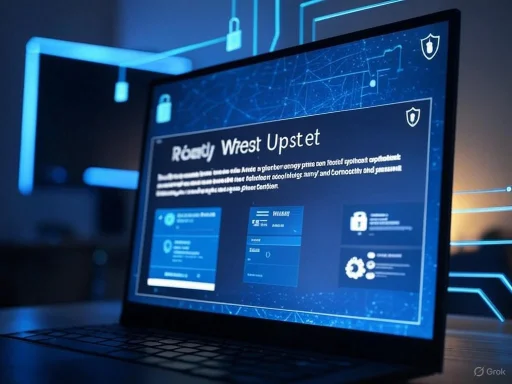 A digital security monitoring system displaying 'Ready West Upstet' on a computer screen with lock and shield icons. A digital security monitoring system displaying 'Ready West Upstet' on a computer screen with lock and shield icons.