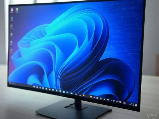 A modern computer monitor displaying a blue abstract digital design on a desktop screen.