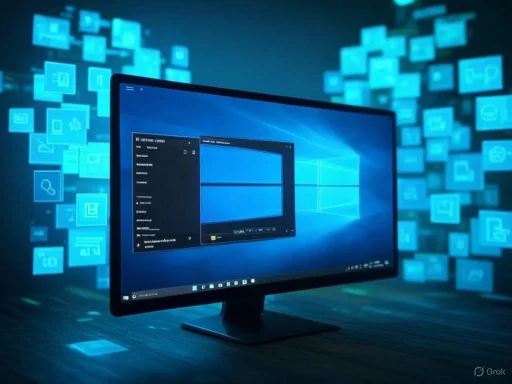 A computer monitor displaying Windows OS, surrounded by floating blue app icons against a digital background.