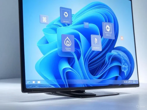 A modern flat-screen monitor displays a blue abstract background with floating desktop icons.